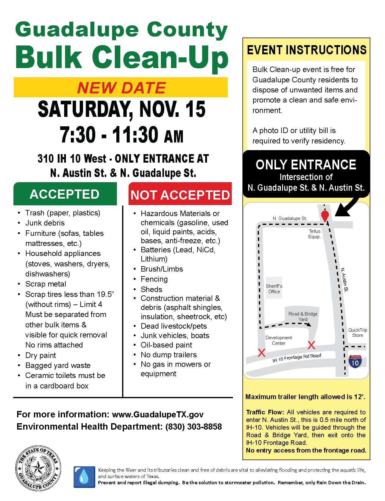 Bulk Clean Up Event Guadalupe County list of accepted and unaccepted items.